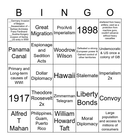 Imperialism and WWI Test Review Bingo Card