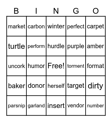 Multisyllable Vowel - R Bingo Card