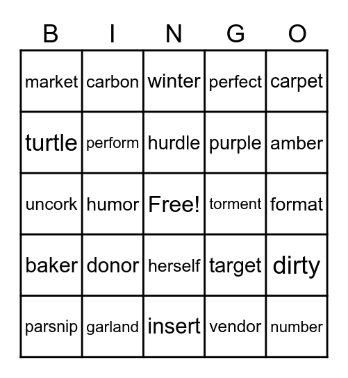 Multisyllable Vowel - R Bingo Card
