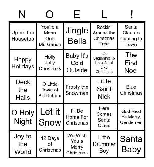 Christmas Songs Bingo Card