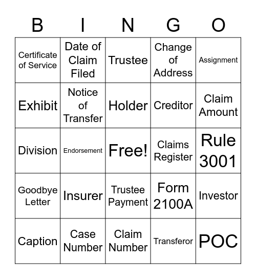 Bankruptcy TOC Bingo Card