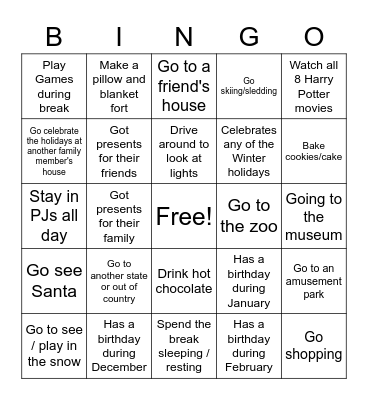 Winter Break Bingo Card