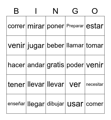 Spanish infinitive verbs-meanings Bingo Card