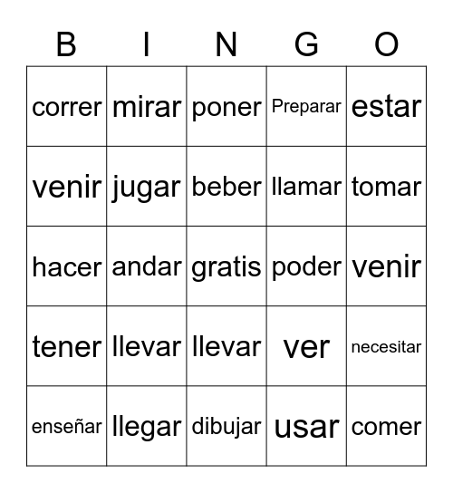 Spanish infinitive verbs-meanings Bingo Card