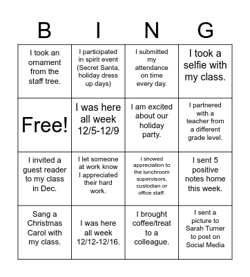 Staff Christmas Bingo Card