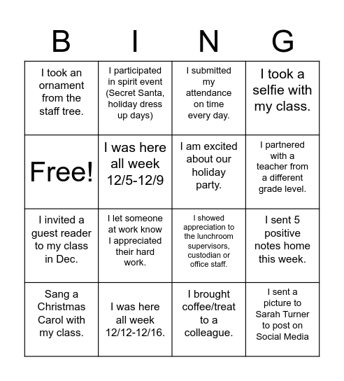 Staff Christmas Bingo Card