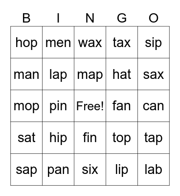 cvc words Bingo Card