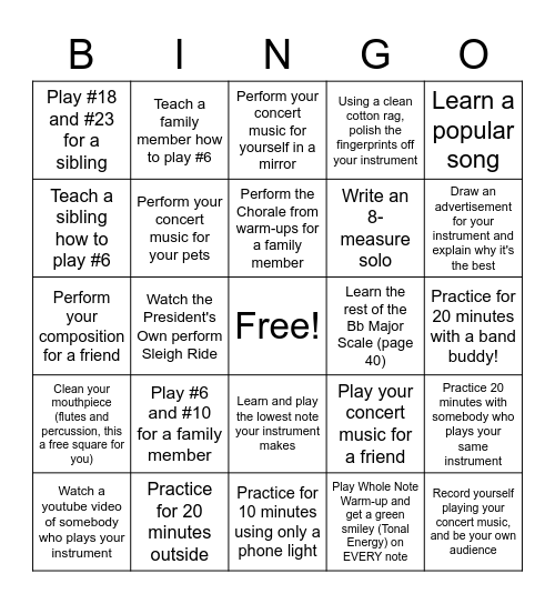 Holiday Break Band Bingo Card