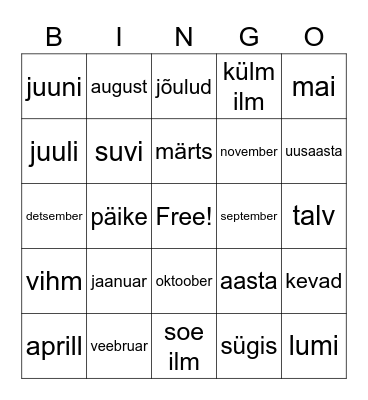 Eesti keel Bingo Card