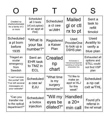 Call Center Bingo Card