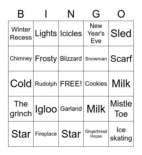 Winter Holidays Bingo Card