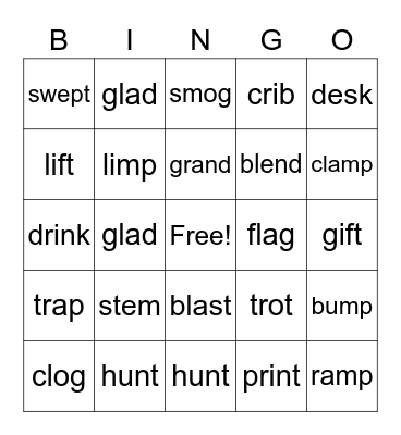 Consonant Clusters Bingo Card