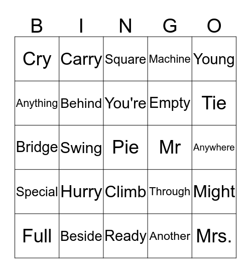 Unit 20 Reading Words Bingo Card