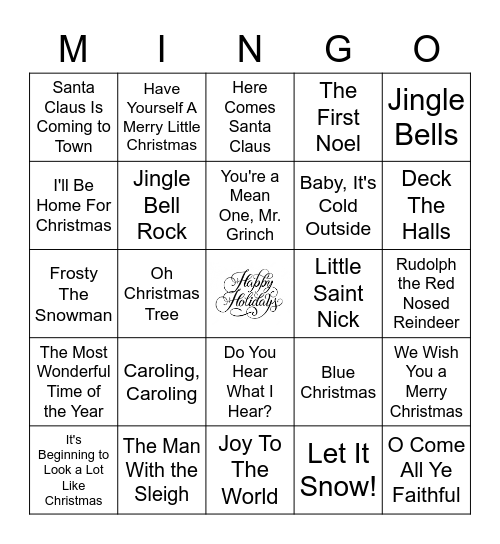 Holiday Music MINGO Bingo Card