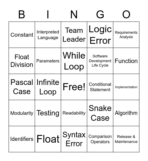 Programming Vocab Bingo Card