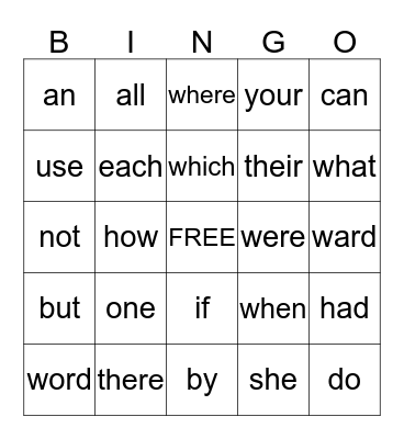 COMMON ENGLISH WORDS Bingo Card