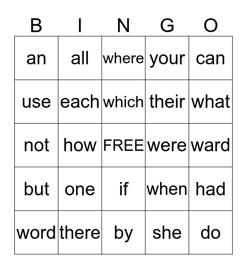 COMMON ENGLISH WORDS Bingo Card