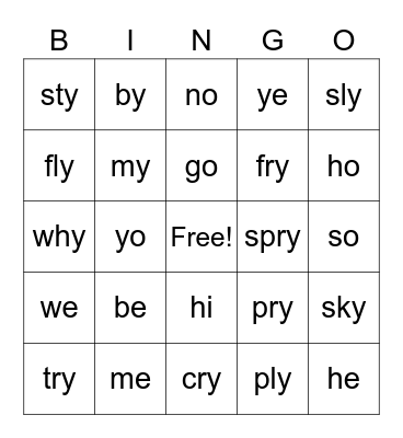 Open syllables Bingo Card