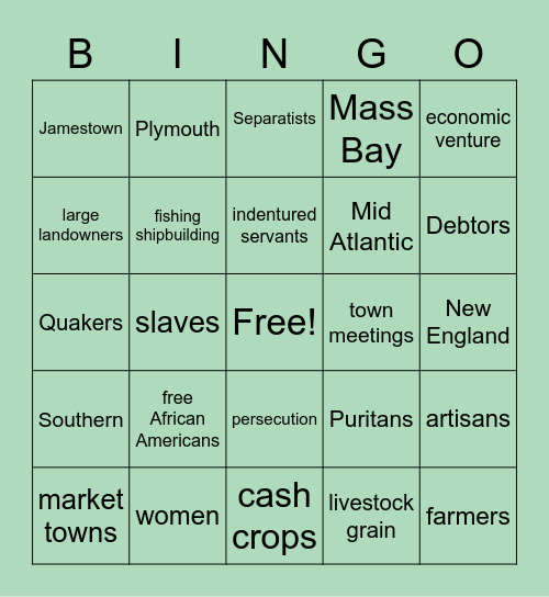 Colonial America Unit 3 Bingo Card