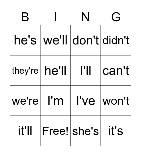 Contraction Bingo Card