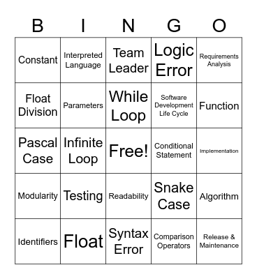 Programming Vocab Review Bingo Card