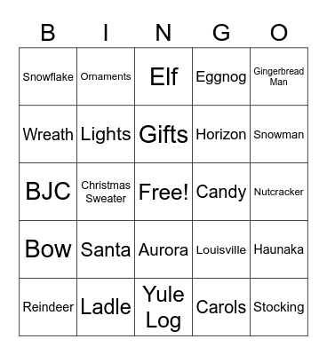 Aurora Holiday Party Bingo Card