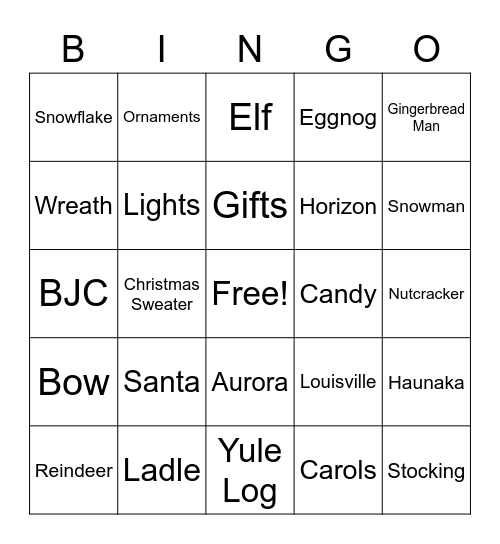 Aurora Holiday Party Bingo Card