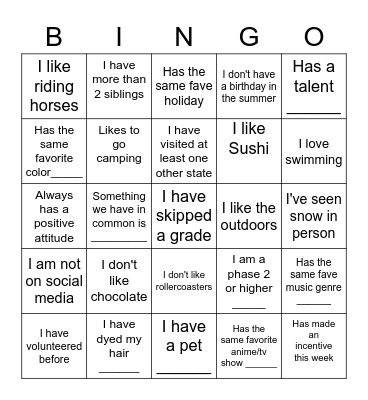 Things in Common Bingo Card