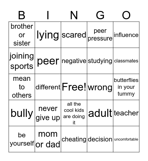 Peer Pressure Bingo Card