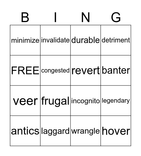 Vocabulary Unit 2 Bingo Card