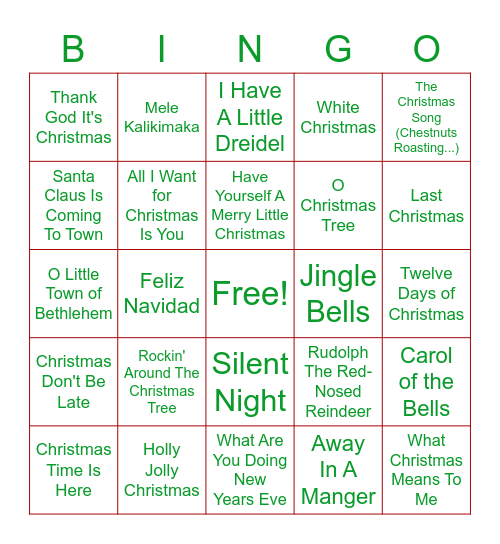 Holiday Music Bingo Card