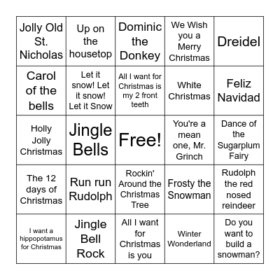 Holiday Song Bingo Card