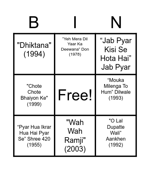 Bollywood Bingo Card