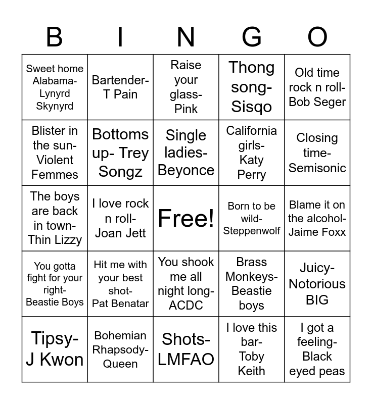 BAR SONGS Bingo Card