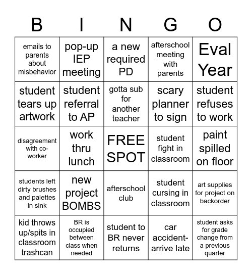 Teacher - A Day In The Life Bingo Card