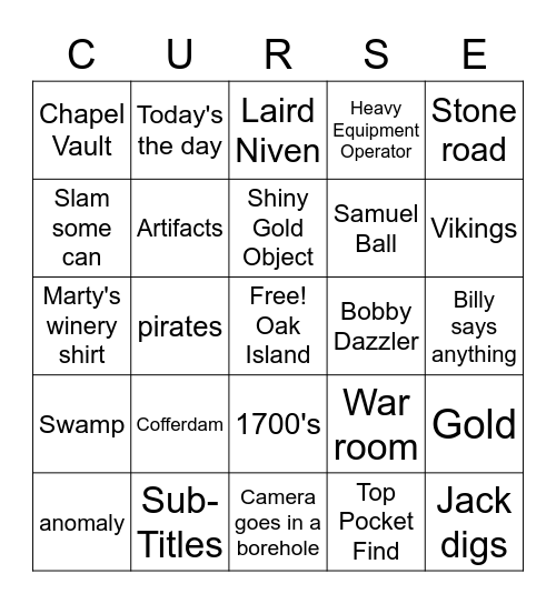 Oak Island Bingo Card