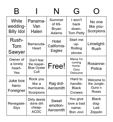CLASSIC ROCK Bingo Card