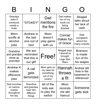 Family Christmas Bingo Card