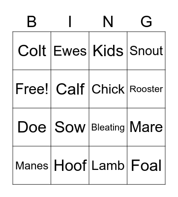 Farm Vocabulary Bingo Card