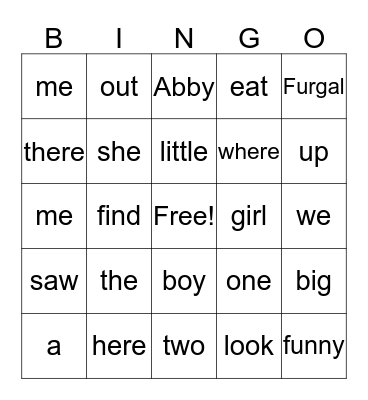 Sight Word Bingo Card