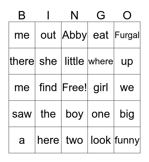 Sight Word Bingo Card