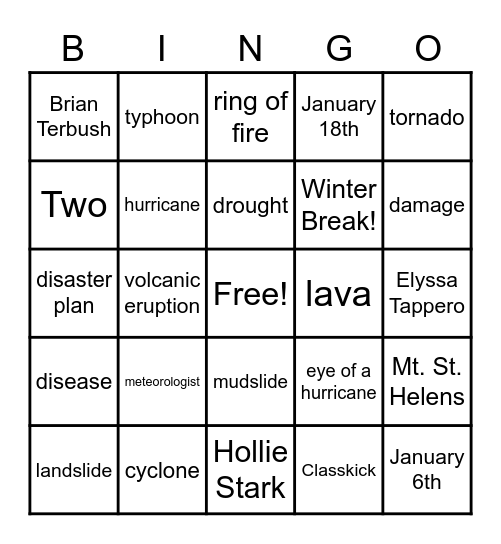 Natural Disaster Bingo Card