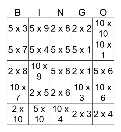 Jack's Times Table Game Bingo Card