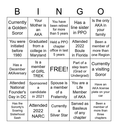 PSI PHI OMEGA CHAPTER BINGO Card