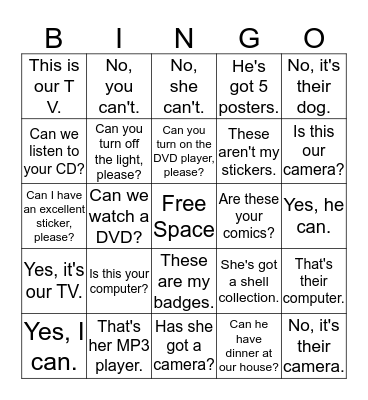 Unit 3: My things Bingo Card