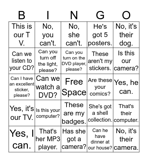 Unit 3: My things Bingo Card