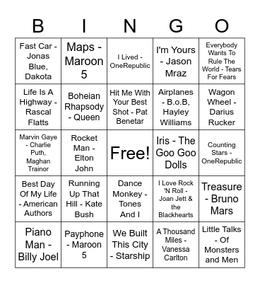 Road Trip Music Bingo Card