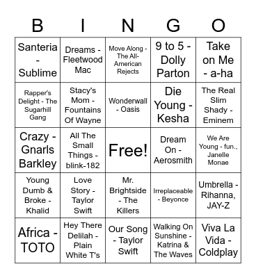 Sing-a-long Music Bingo Card