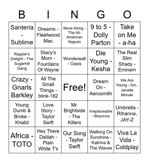 Sing-a-long Music Bingo Card