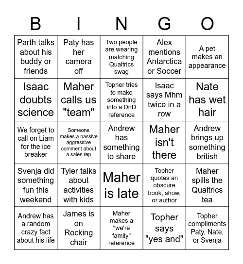 Monday Meeting Bingo Card